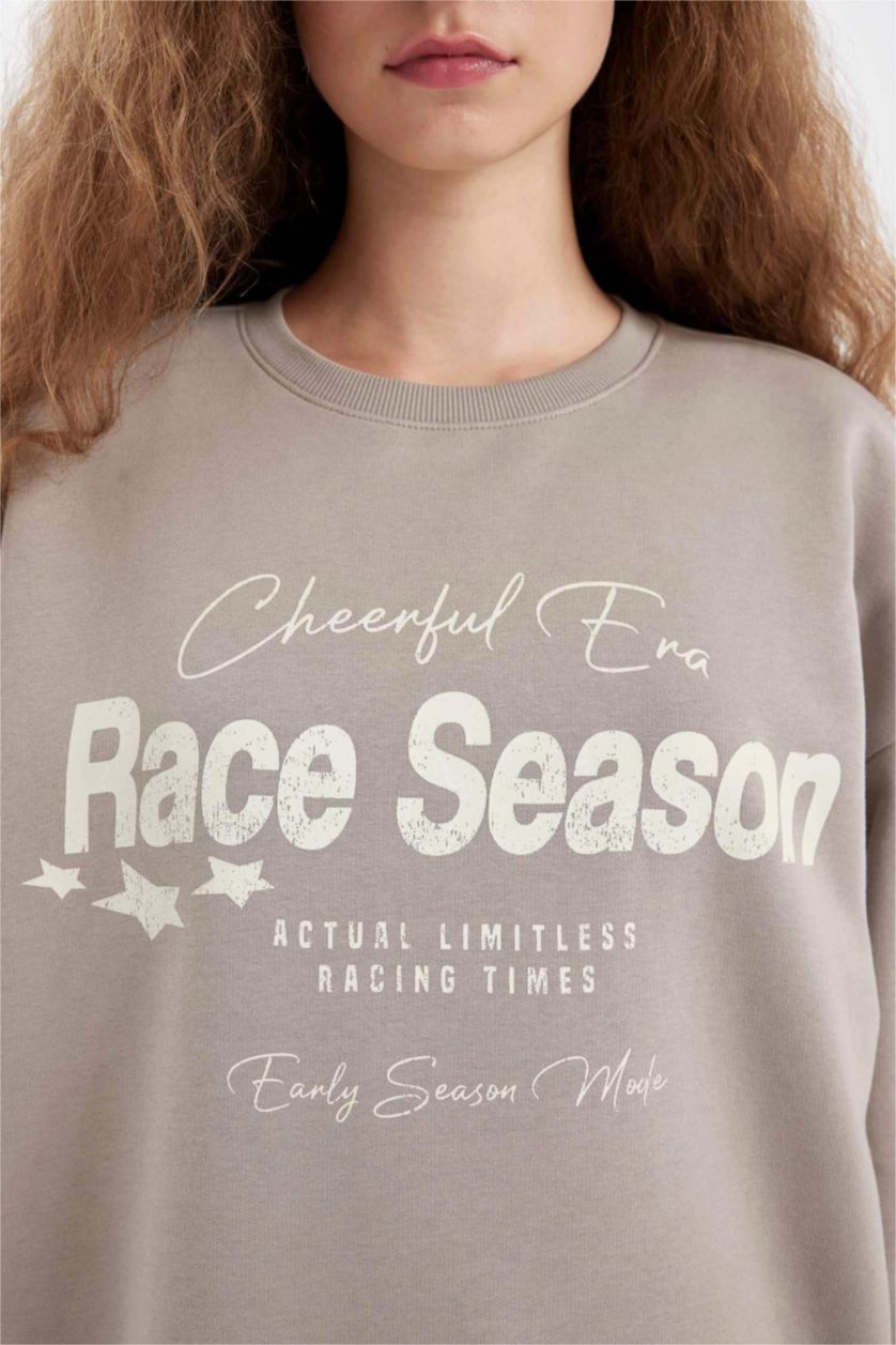 Kadın Taş Loose Fit Bisiklet Yaka Baskılı Kalın Sweatshirt