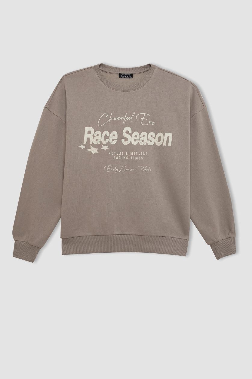 Kadın Taş Loose Fit Bisiklet Yaka Baskılı Kalın Sweatshirt