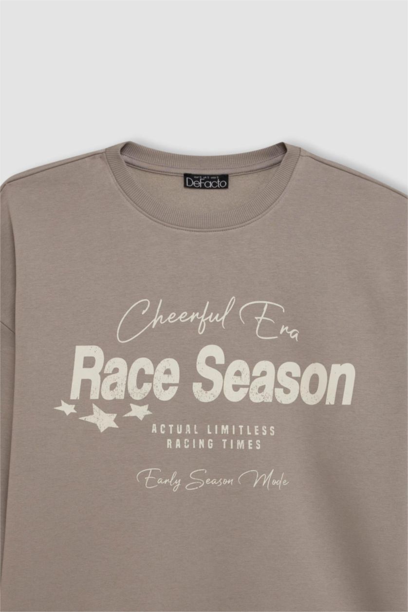 Kadın Taş Loose Fit Bisiklet Yaka Baskılı Kalın Sweatshirt