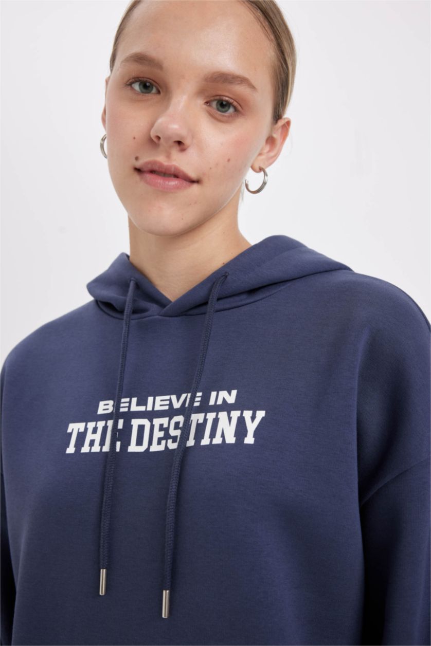 Kadın Açık Lacivert Oversize Geniş Kalıp Kapüşonlu Cepli Sırt Baskılı Kalın Sweatshirt