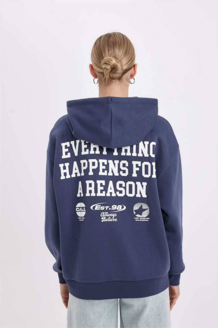 Kadın Açık Lacivert Oversize Geniş Kalıp Kapüşonlu Cepli Sırt Baskılı Kalın Sweatshirt