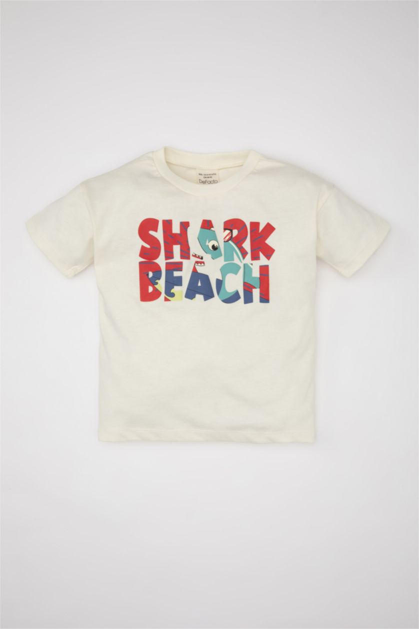 Erkek Bebek Kırık Beyaz Erkek Bebek Bisiklet Yaka Baskılı Kısa Kollu Tişört