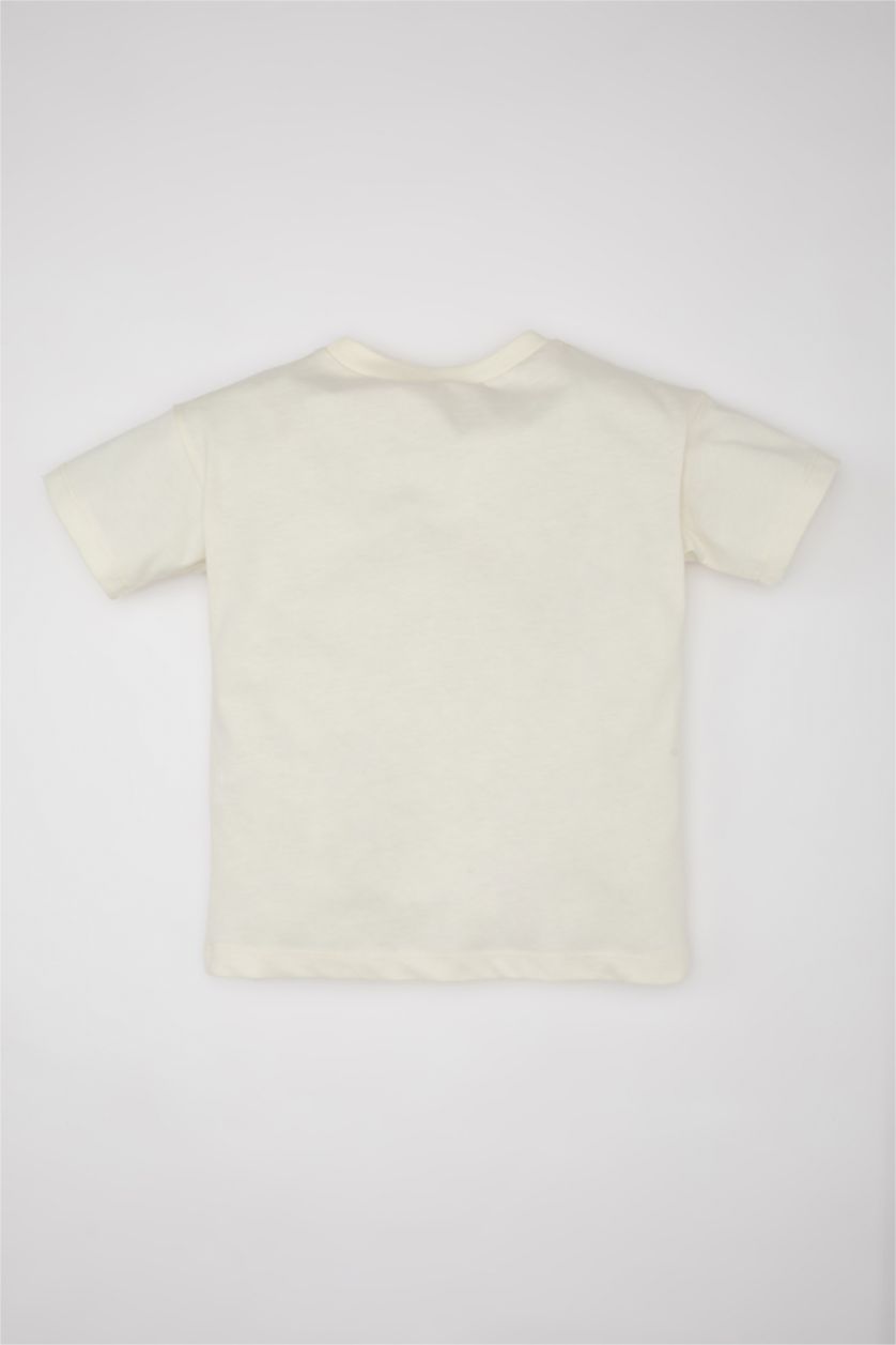 Erkek Bebek Kırık Beyaz Erkek Bebek Bisiklet Yaka Baskılı Kısa Kollu Tişört