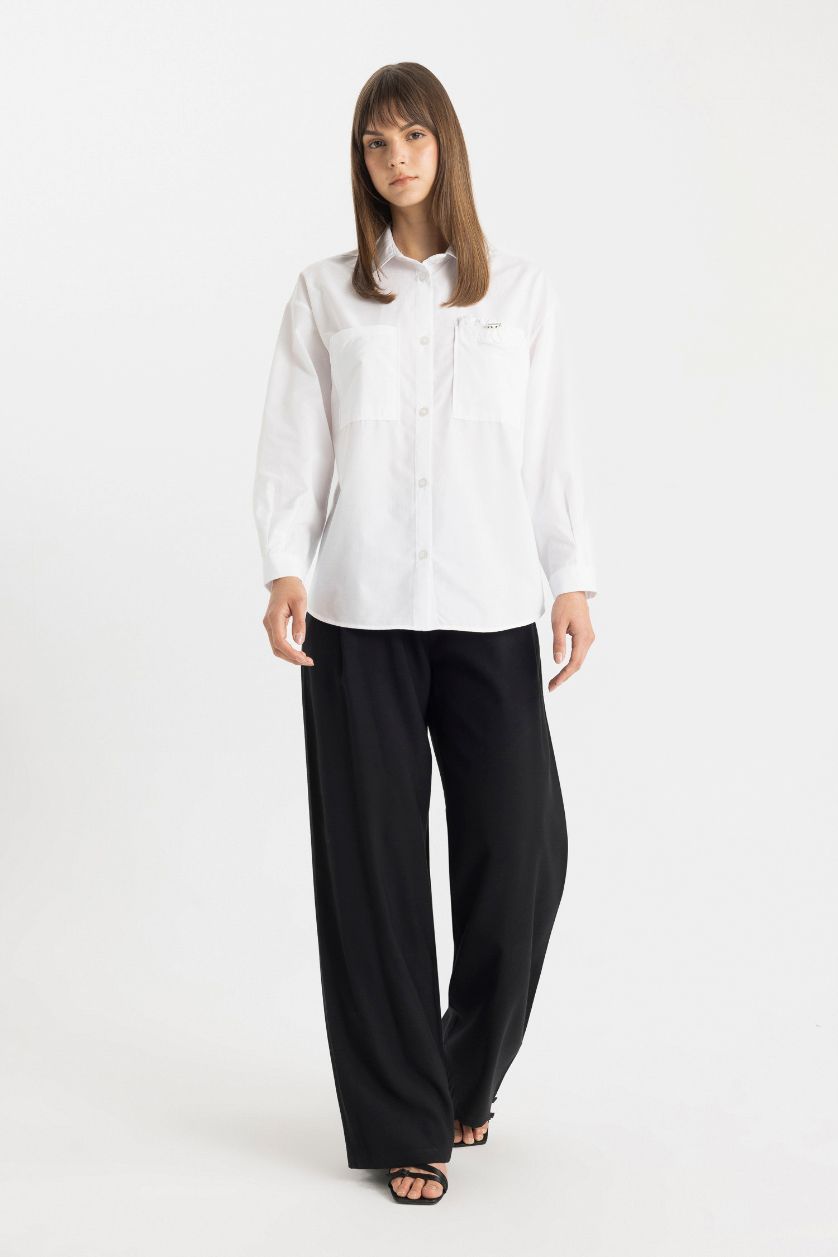 Kadın Violet Beyaz Relax Fit Poplin Uzun Kollu Gömlek Tunik