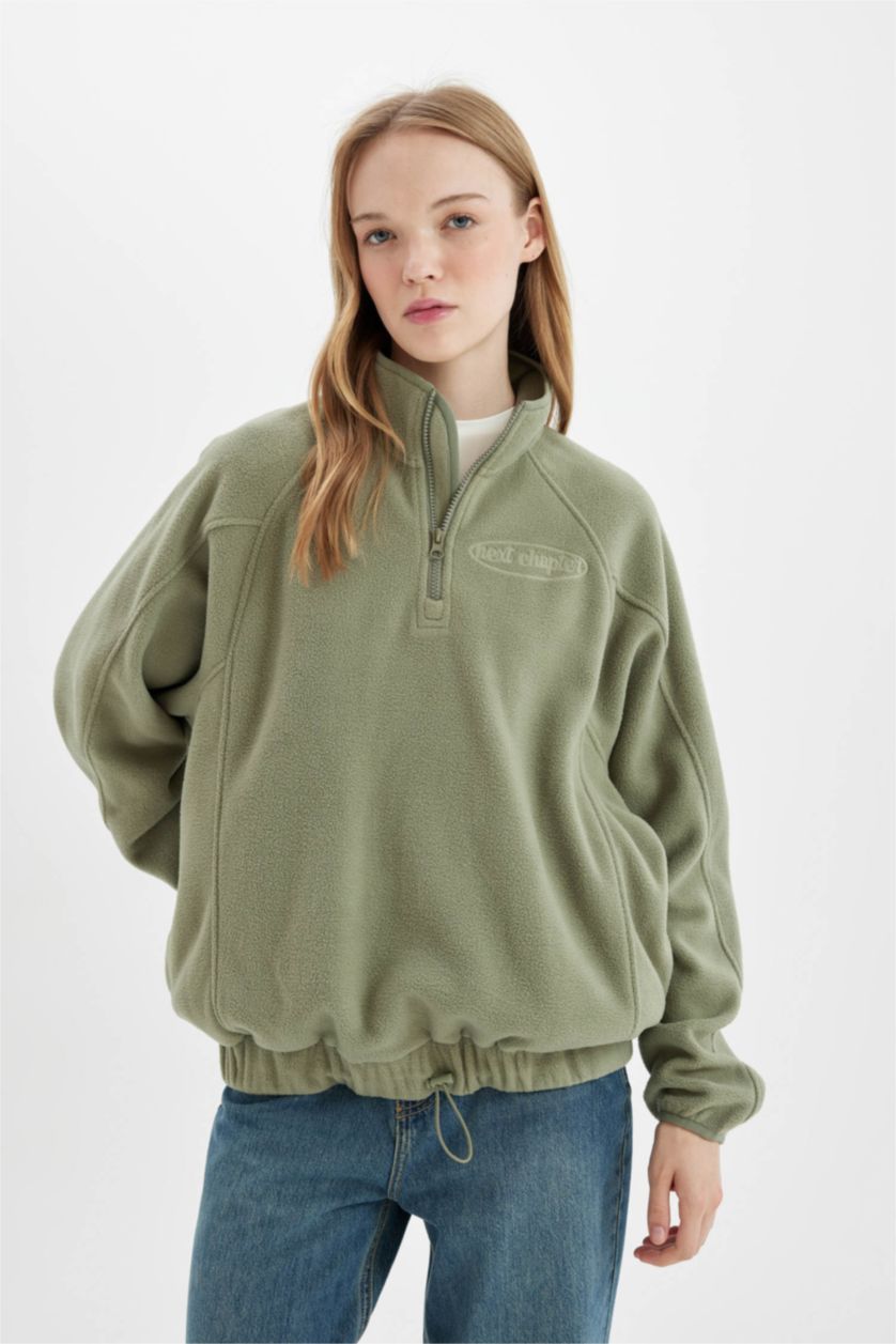 Kadın Açık Haki Regular Fıt Polar Sweatshirt
