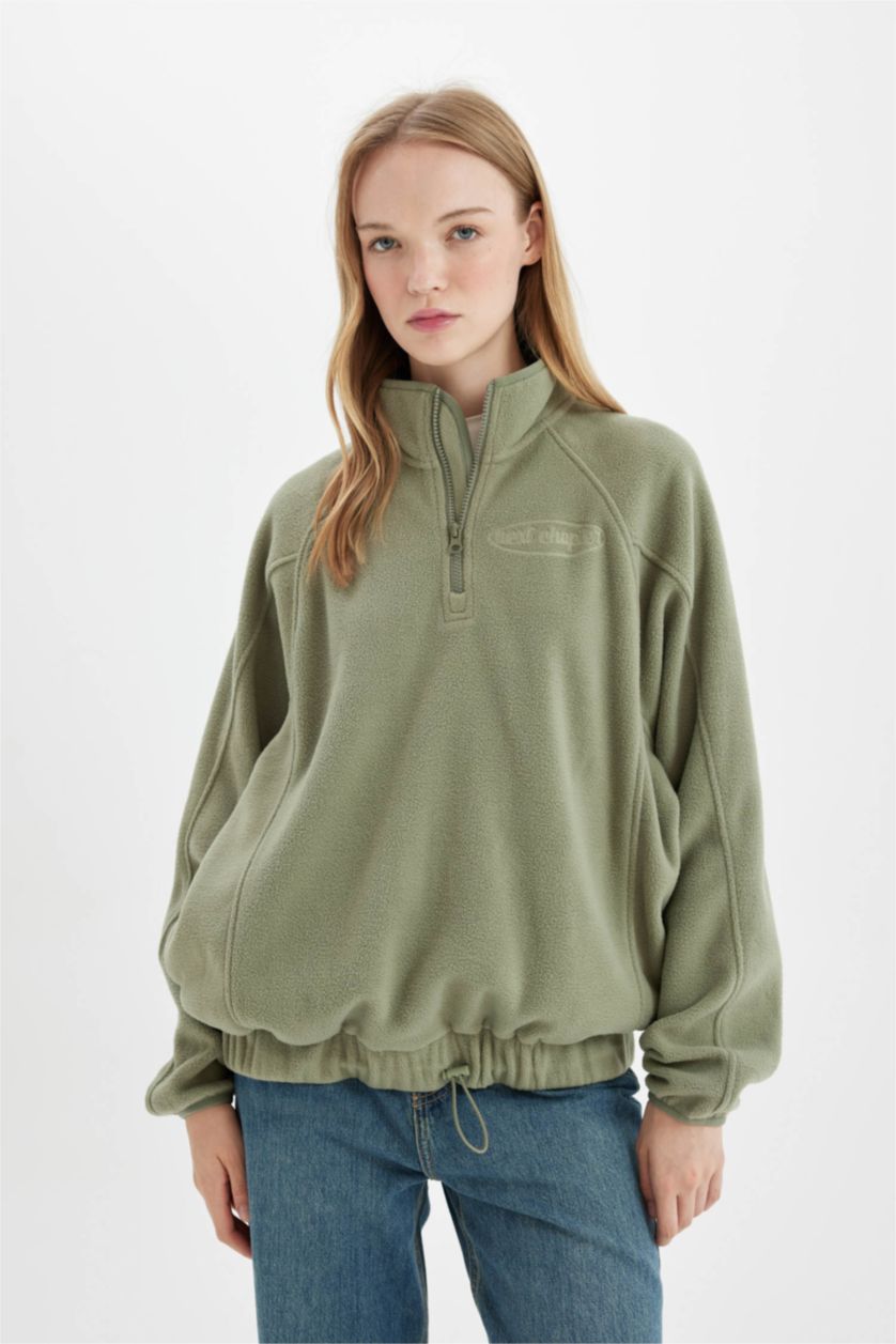Kadın Açık Haki Regular Fıt Polar Sweatshirt
