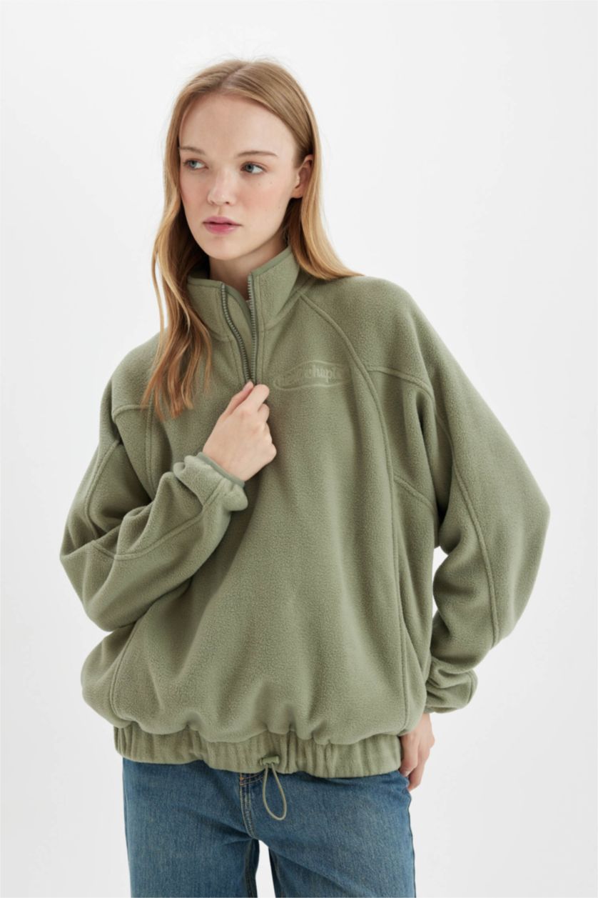 Kadın Açık Haki Regular Fıt Polar Sweatshirt