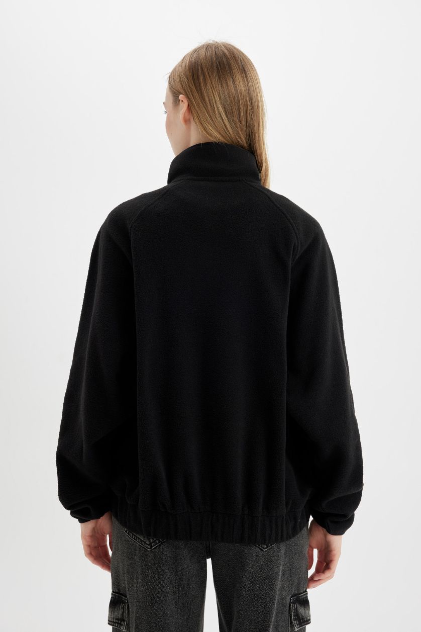 Woman Black Regular Fit Half Zip Printed Fleece Sweatshirt