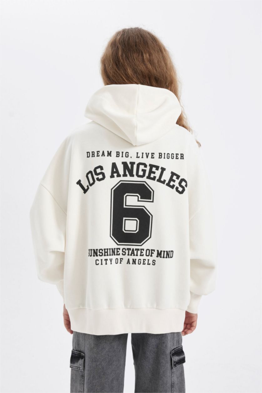 Kadın Kırık Beyaz Oversize Geniş Kalıp Kapüşonlu Sırt Baskılı Kalın Fermuarlı Sweatshirt