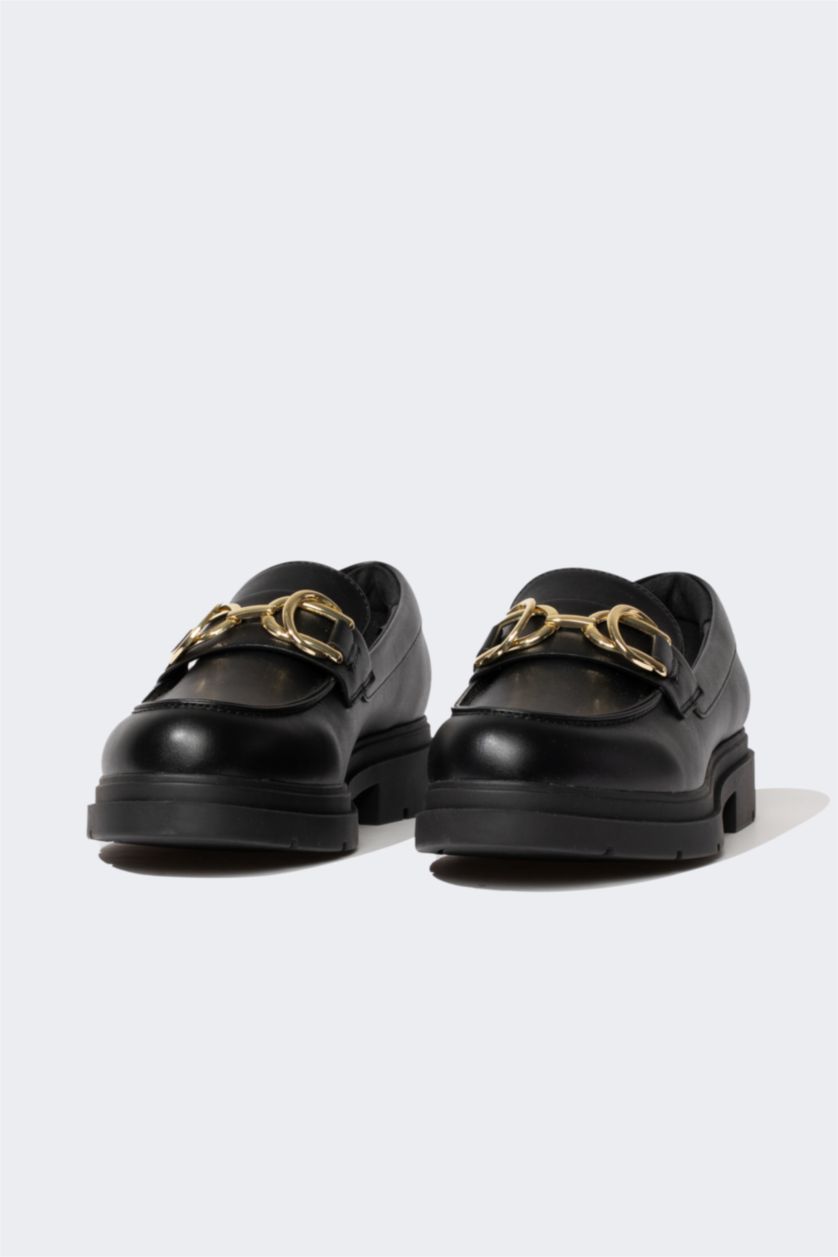 WOMAN Black Woman Faux Leather Serrated Sole Casual Shoes