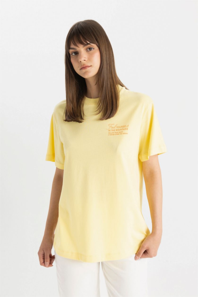 حريمي أصفر تونيك قطن نص كم مطبوع قصة عادية بياقة مستديرة