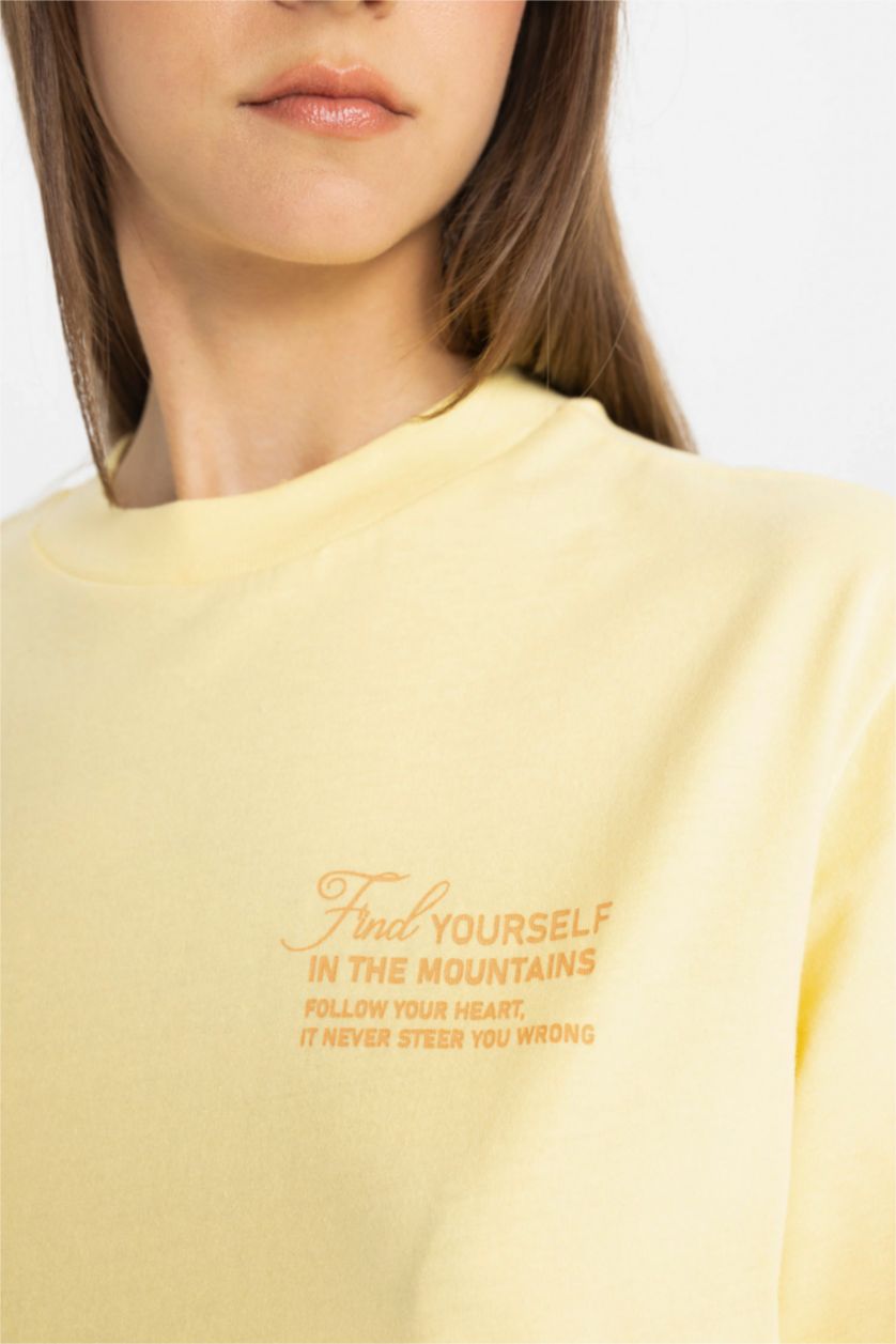 حريمي أصفر تونيك قطن نص كم مطبوع قصة عادية بياقة مستديرة