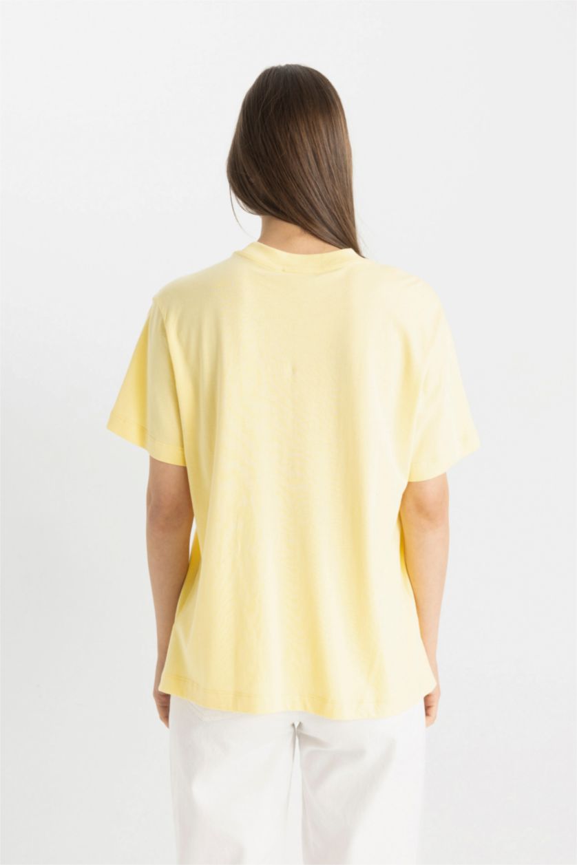 حريمي أصفر تونيك قطن نص كم مطبوع قصة عادية بياقة مستديرة