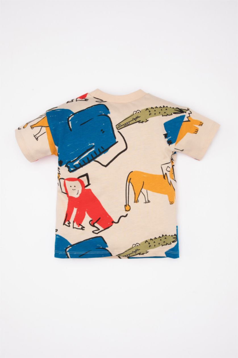 Erkek Bebek Bej Bisiklet Yaka Hayvan Desenli Kısa Kollu Tişört Erkek Bebek