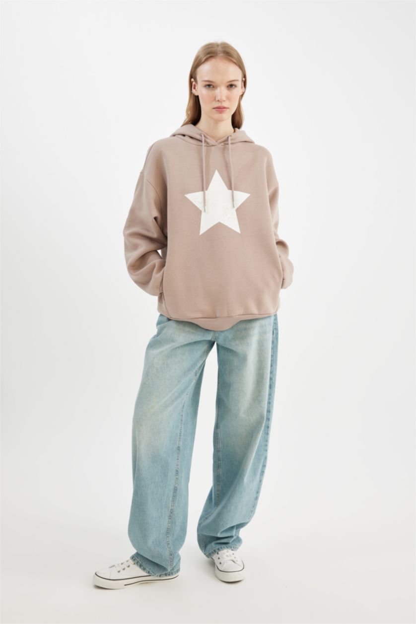 Kadın Taş Oversize Geniş Kalıp Kapüşonlu Sırt Baskılı Kalın Sweatshirt