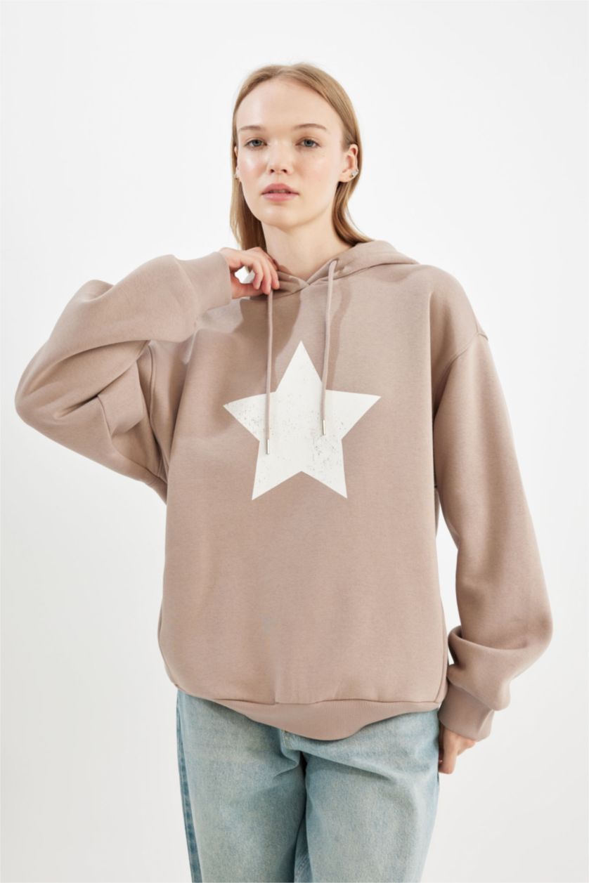 Kadın Taş Oversize Geniş Kalıp Kapüşonlu Sırt Baskılı Kalın Sweatshirt