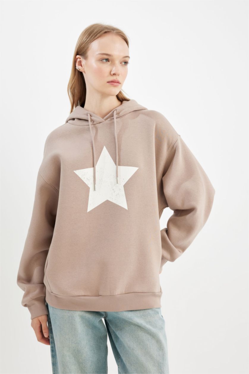 Kadın Taş Oversize Geniş Kalıp Kapüşonlu Sırt Baskılı Kalın Sweatshirt