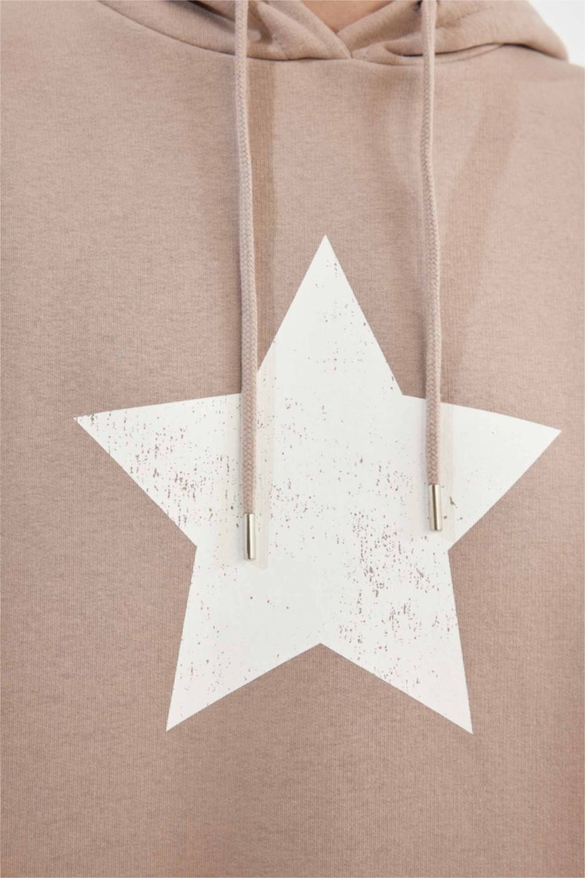 Kadın Taş Oversize Geniş Kalıp Kapüşonlu Sırt Baskılı Kalın Sweatshirt