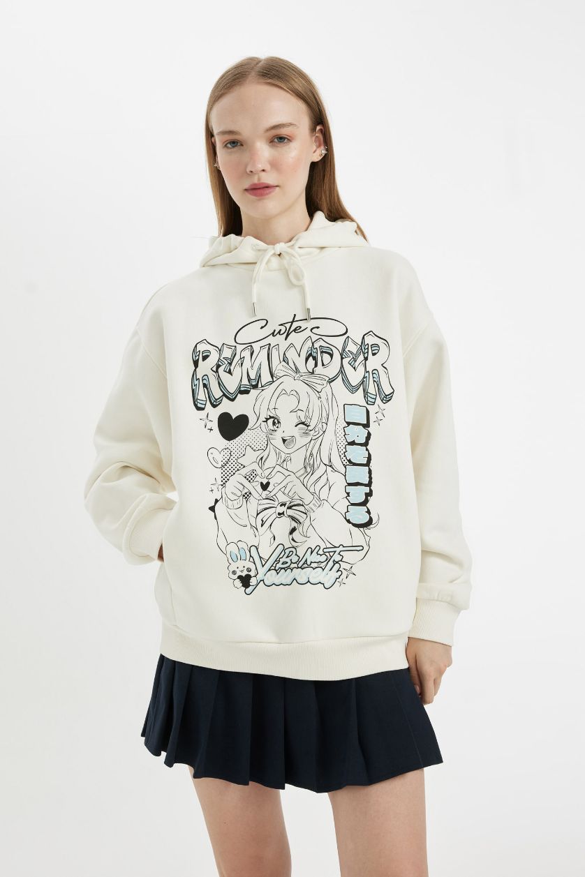 Kadın Kırık Beyaz Oversize Geniş Kalıp Kapüşonlu Baskılı Kalın Sweatshirt