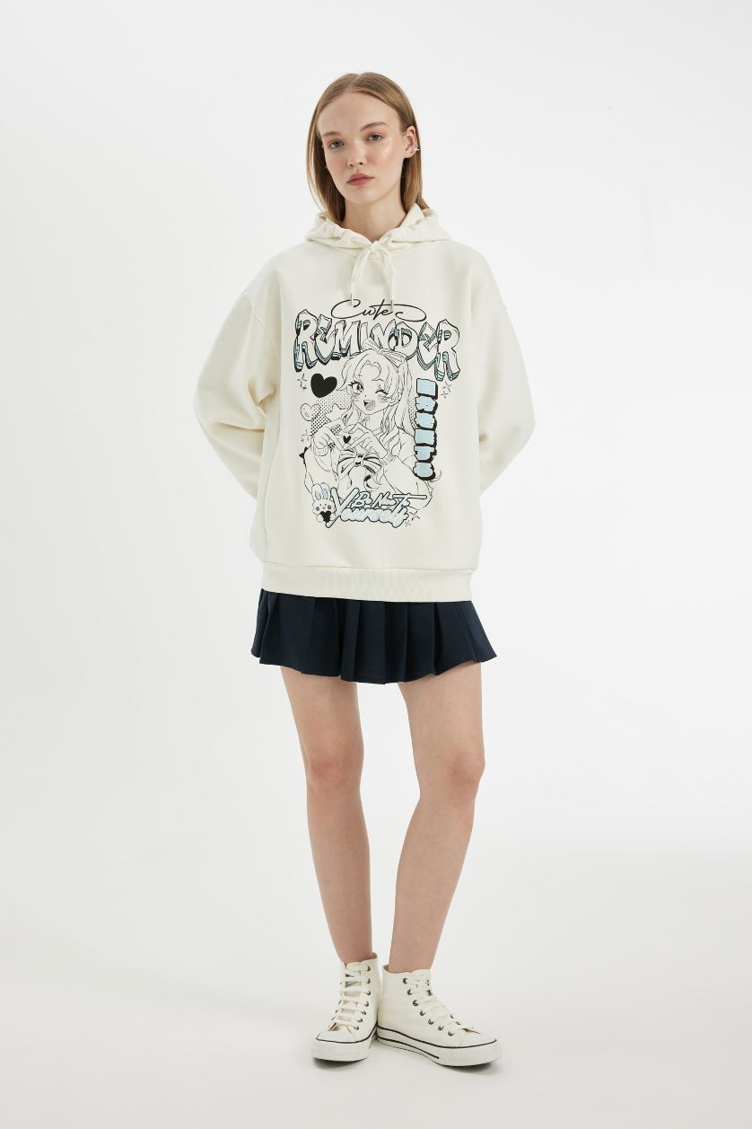 Kadın Kırık Beyaz Oversize Geniş Kalıp Kapüşonlu Baskılı Kalın Sweatshirt