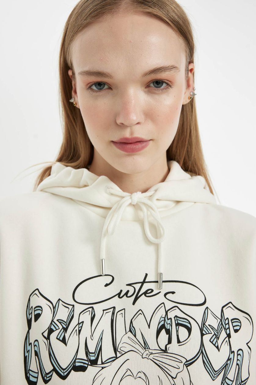 Kadın Kırık Beyaz Oversize Geniş Kalıp Kapüşonlu Baskılı Kalın Sweatshirt