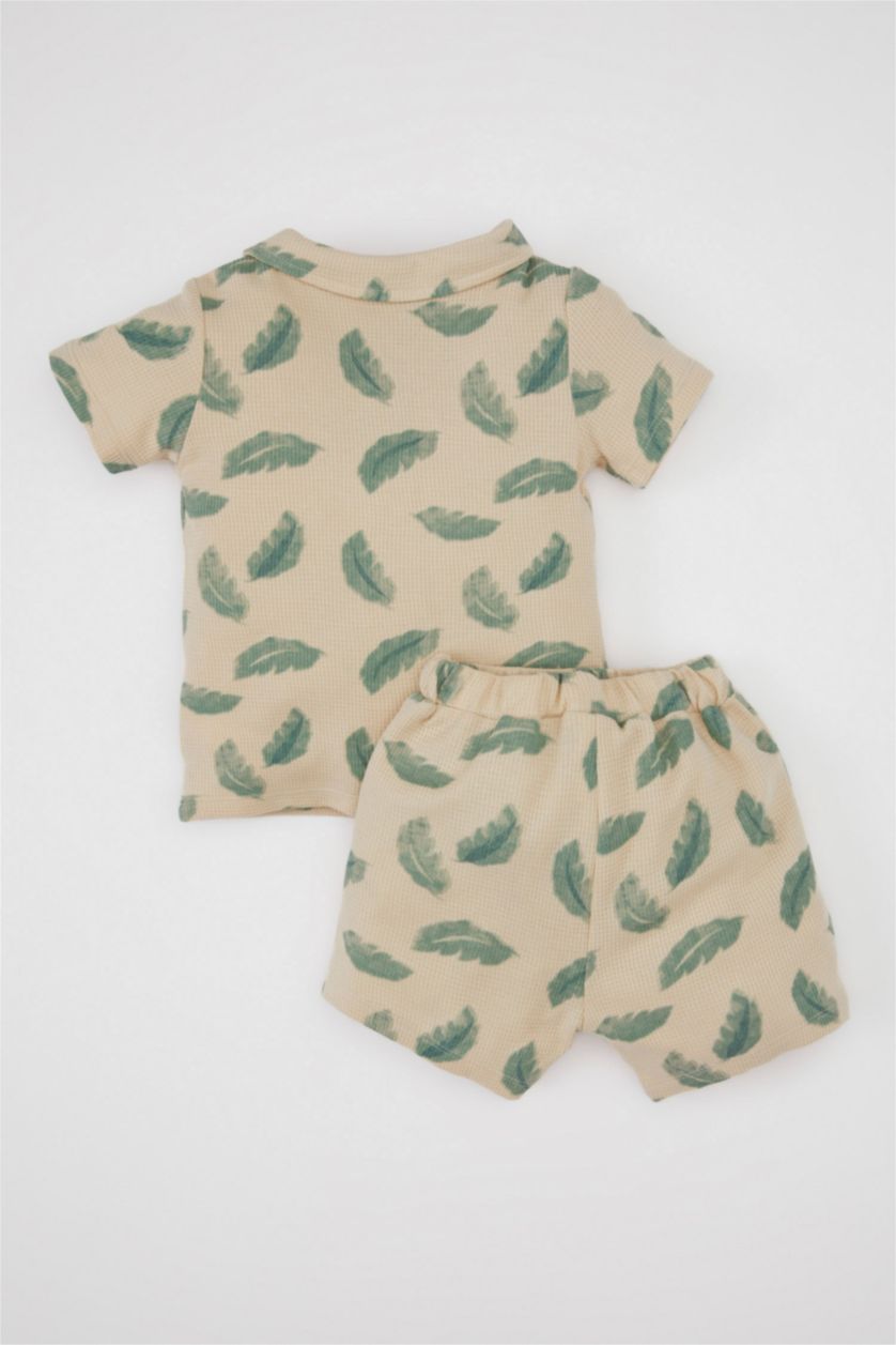 Baby Boy Beige Baby Boy Printed Polo Neck T-Shirt Shorts 2 Piece Set