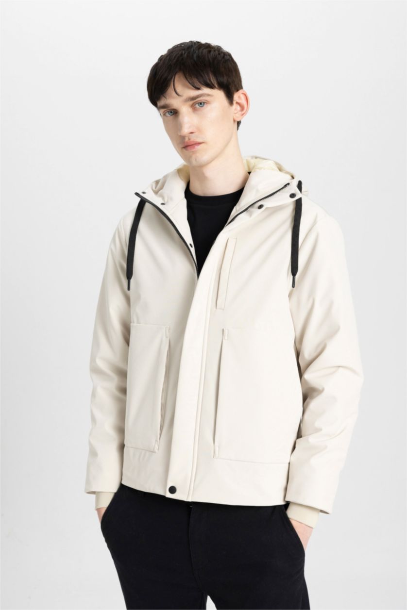 رجال اللون الرملي جاكيت قصة عادية بغطاء للرأس