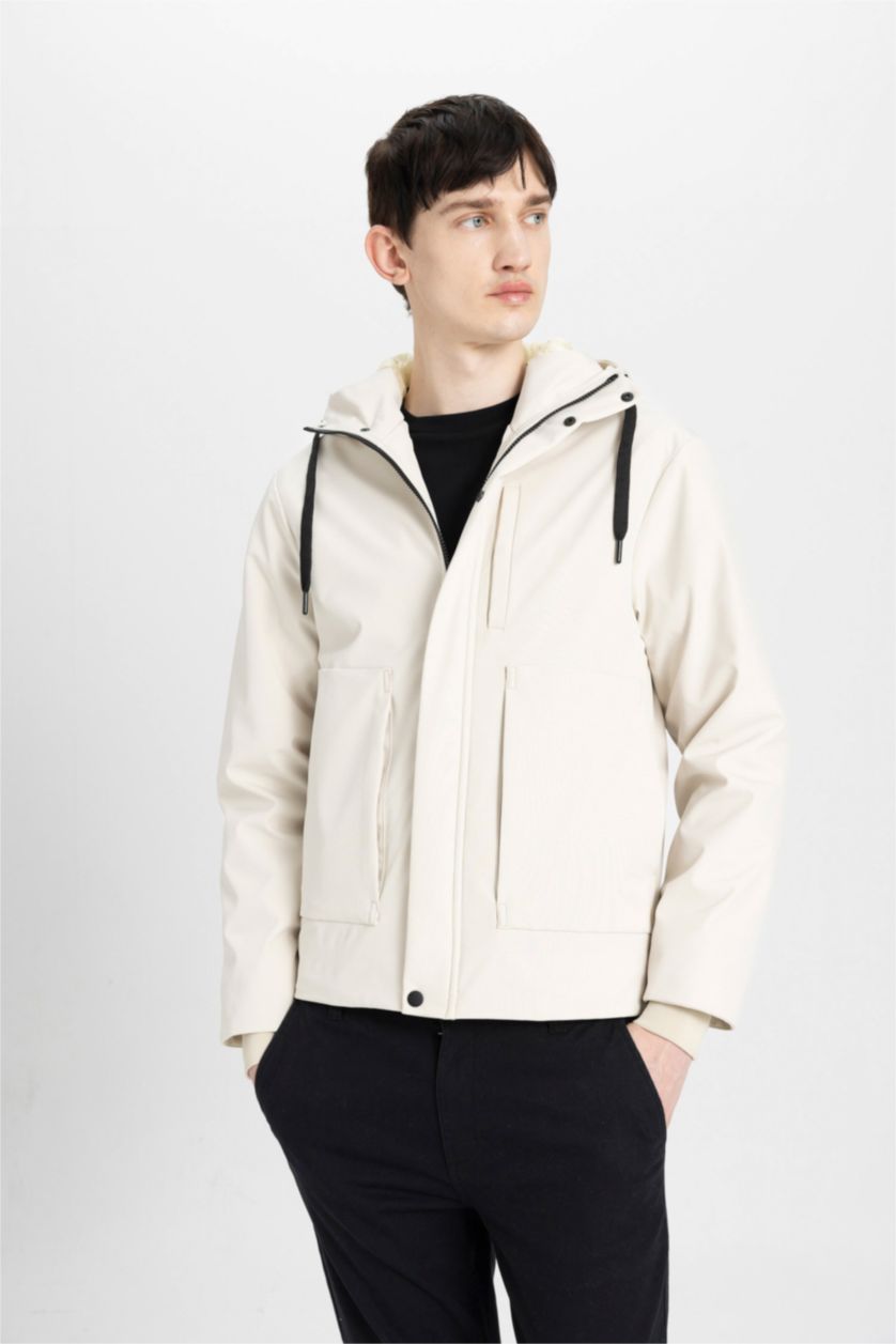 رجال اللون الرملي جاكيت قصة عادية بغطاء للرأس