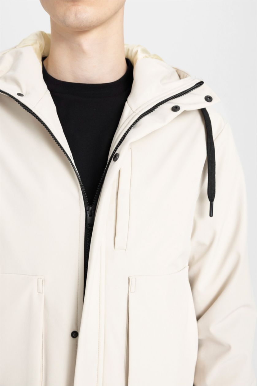 رجال اللون الرملي جاكيت قصة عادية بغطاء للرأس