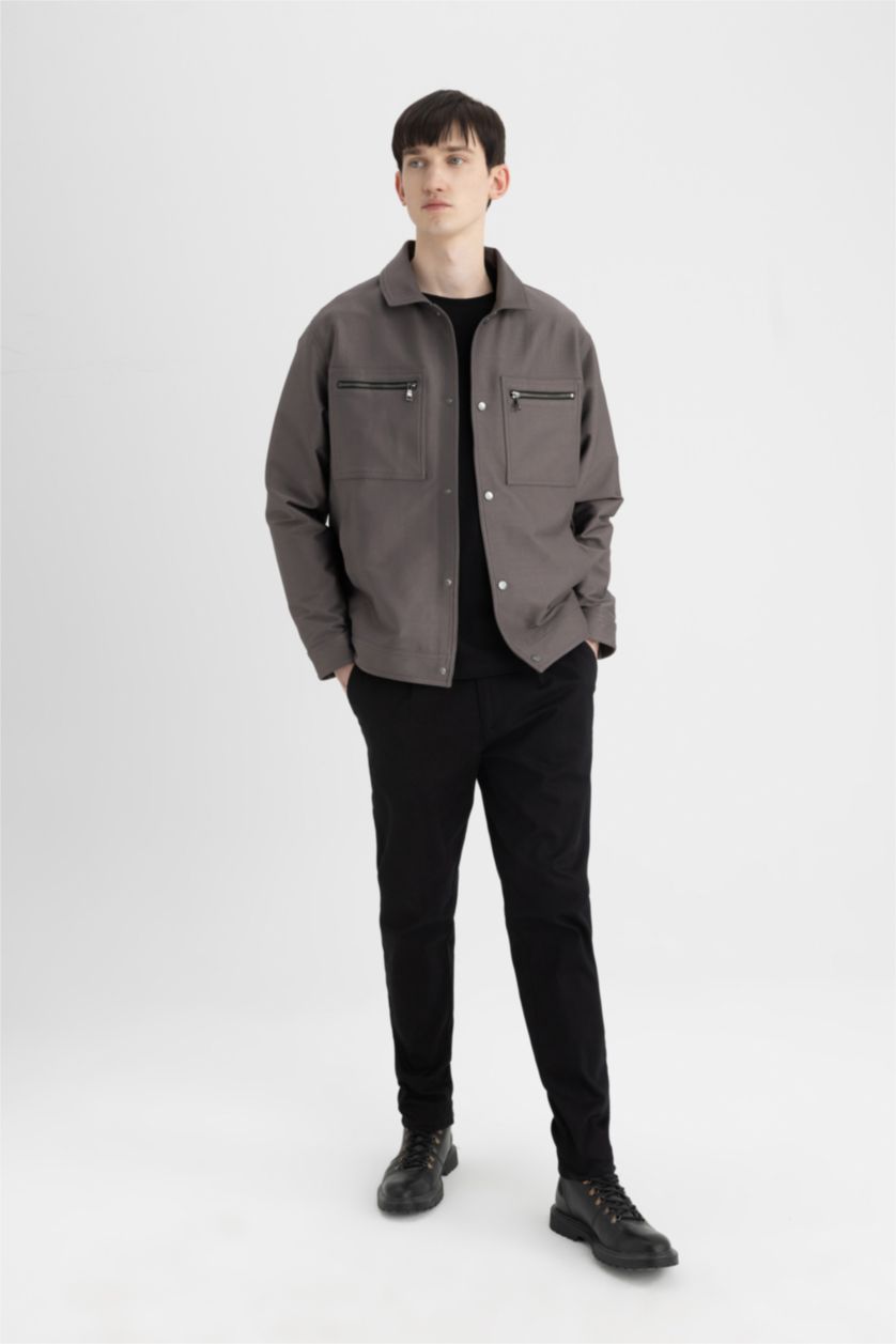 رجال أنثرا غامق جاكيت قصة عادية برقبة قميص