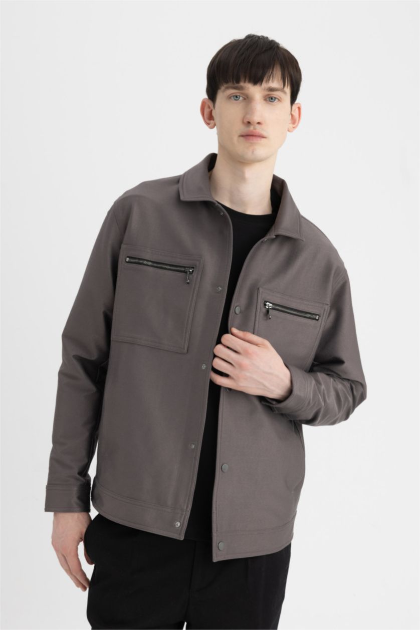 رجال أنثرا غامق جاكيت قصة عادية برقبة قميص