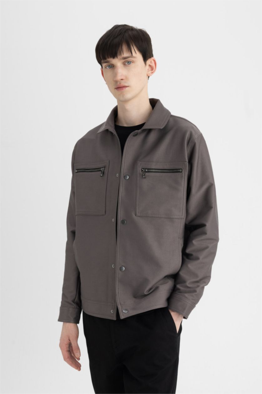 رجال أنثرا غامق جاكيت قصة عادية برقبة قميص