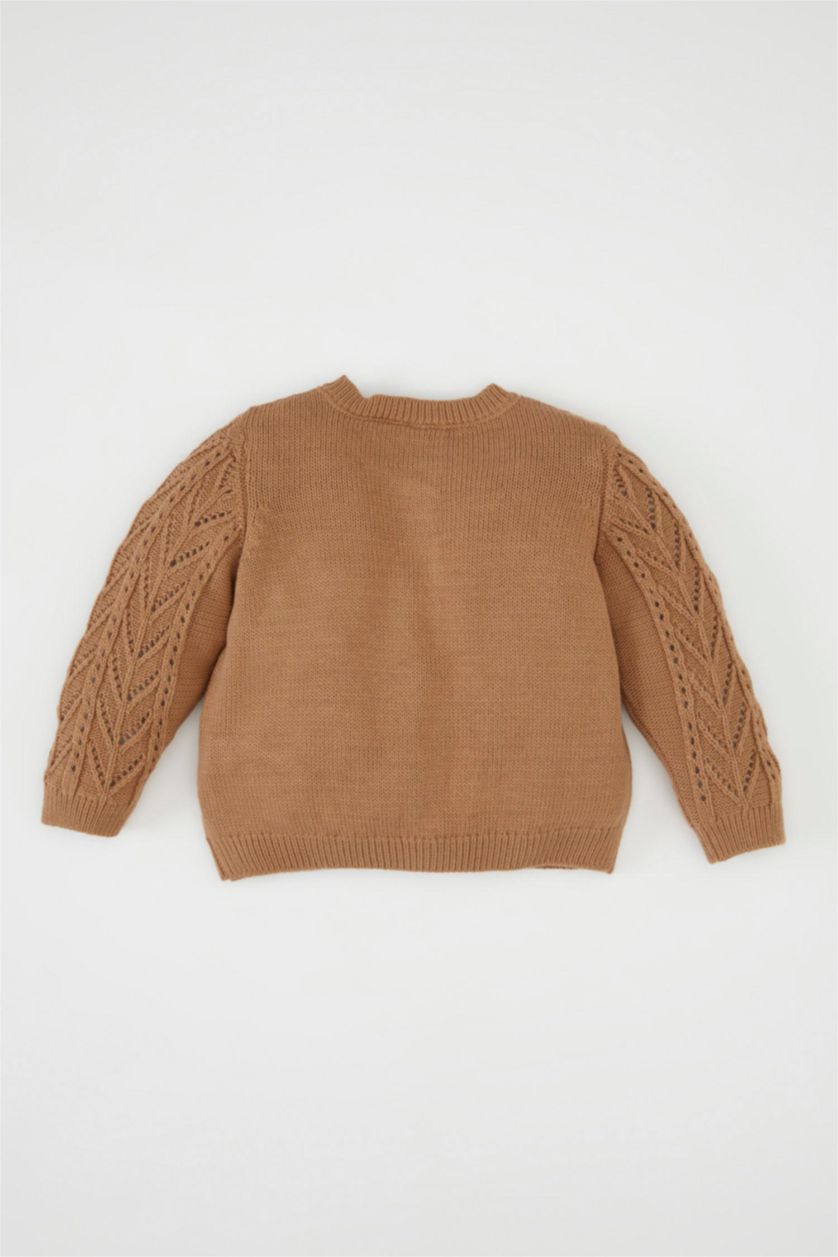 Kız Bebek Açık Kahve Kız Bebek Basic Düz Triko Bisiklet Yaka Düğmeli Hırka