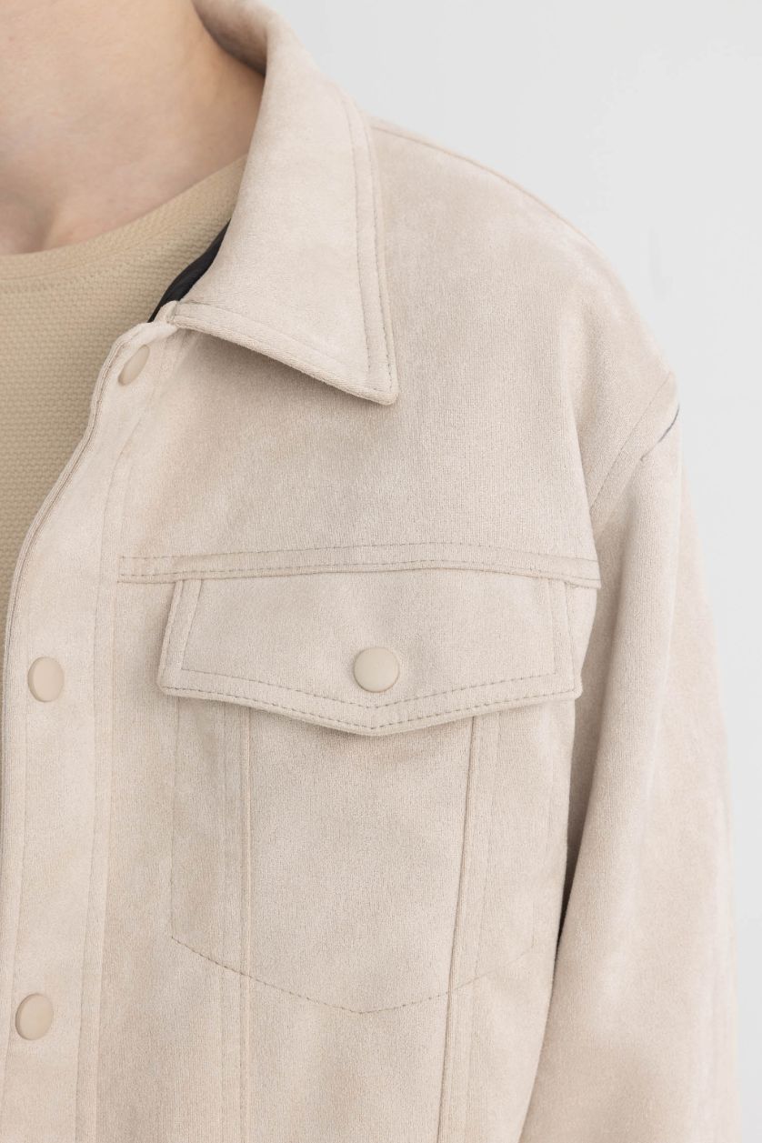 HOMME Beige Veste Slim en suédine à Col chemise en Taffetas