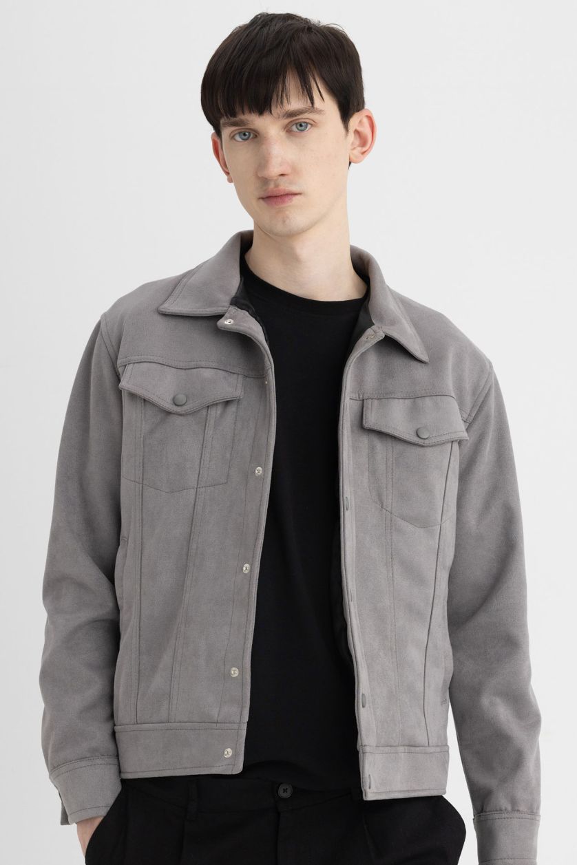 HOMME Gris Veste Slim en suédine à Col chemise en Taffetas