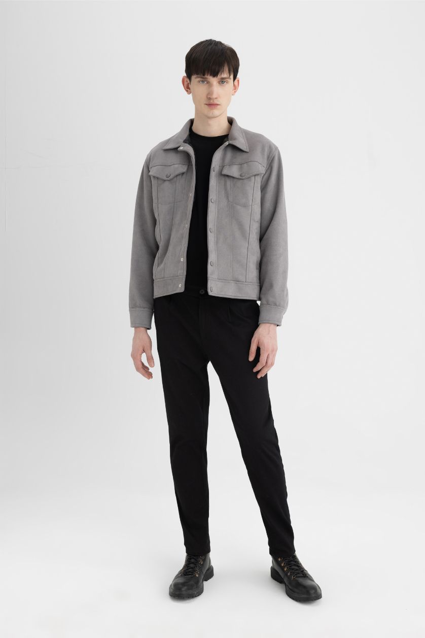 HOMME Gris Veste Slim en suédine à Col chemise en Taffetas