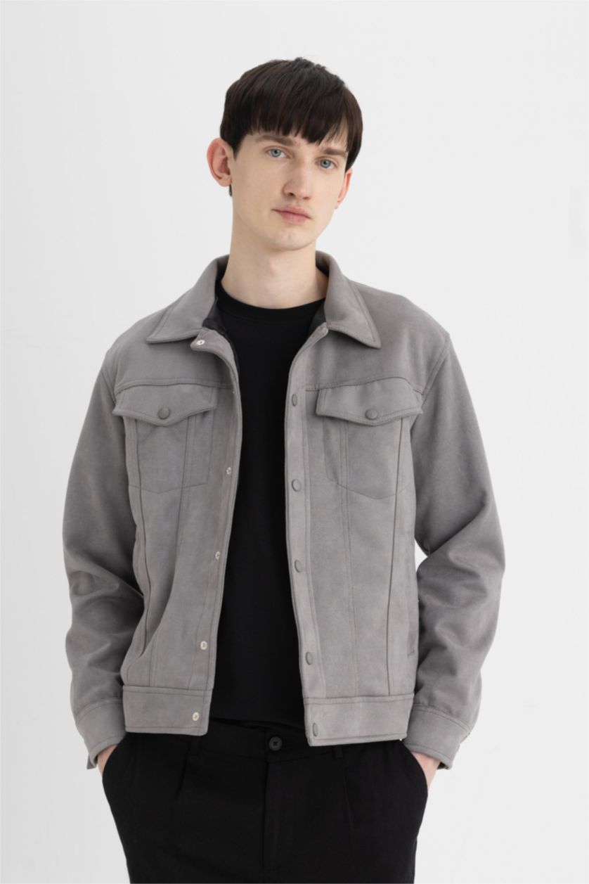 HOMME Gris Veste Slim en suédine à Col chemise en Taffetas