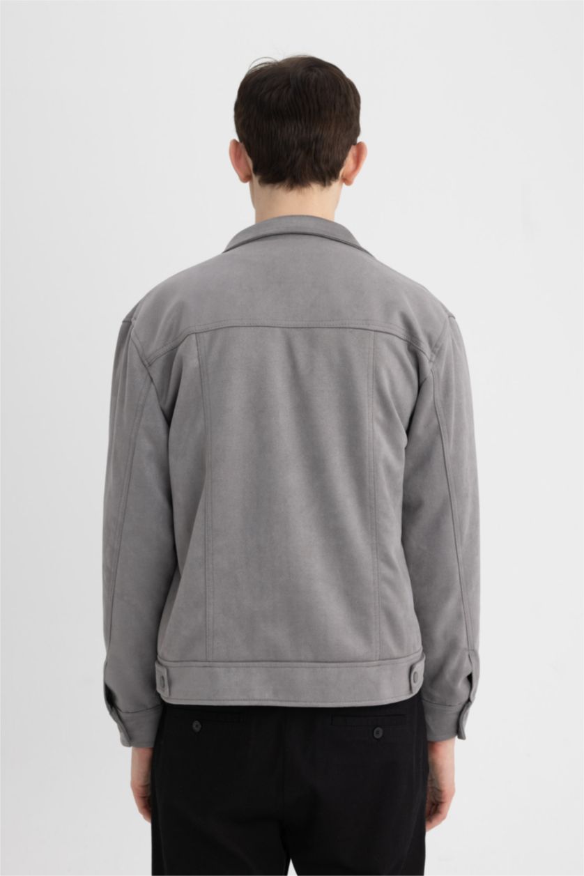 HOMME Gris Veste Slim en suédine à Col chemise en Taffetas