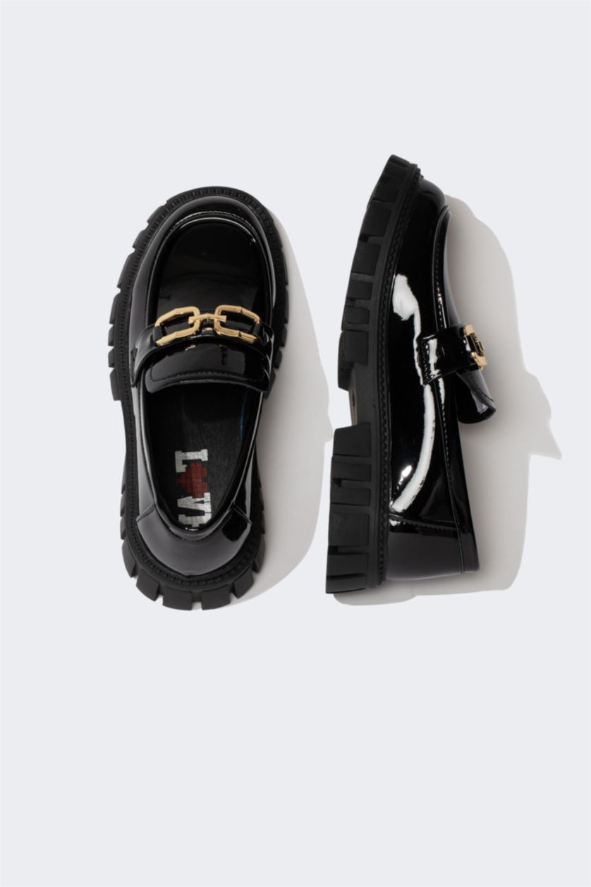 بناتي أسود حذاء فلات بناتي جلد صناعي سليب أون