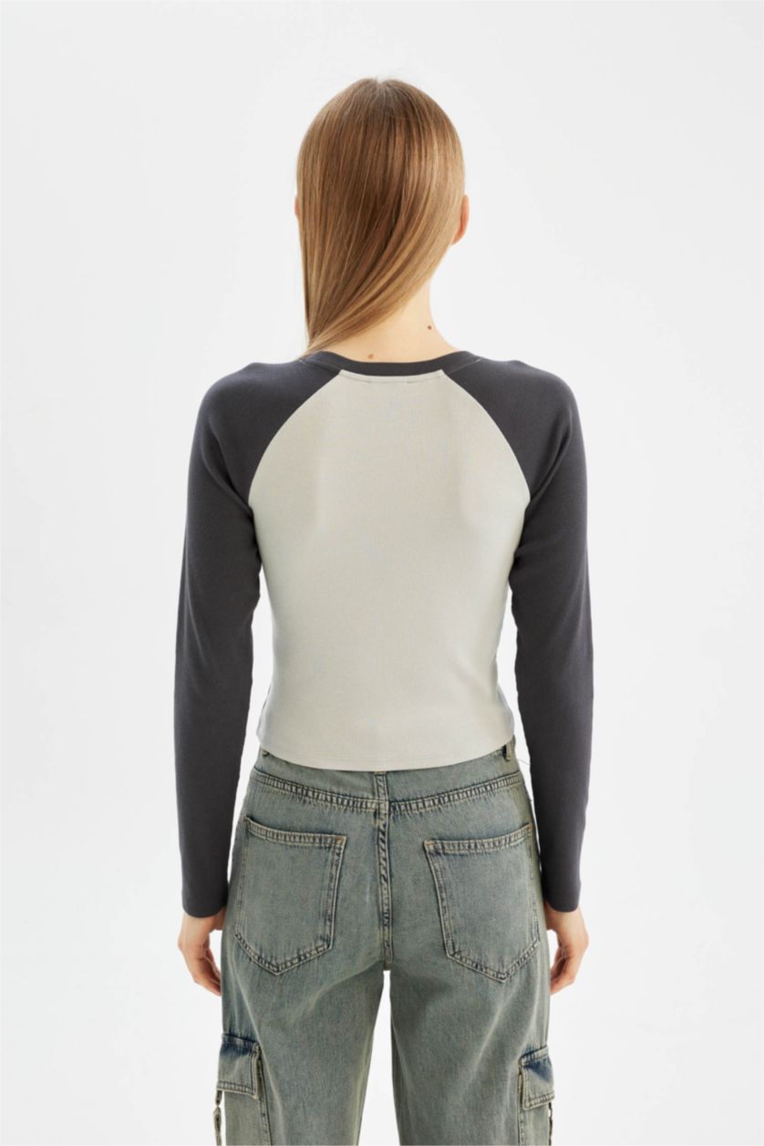 Kadın Antrasit Antrasit Fitted Bisiklet Yaka Fitilli Kaşkorse Baskılı Uzun Kollu Tişört