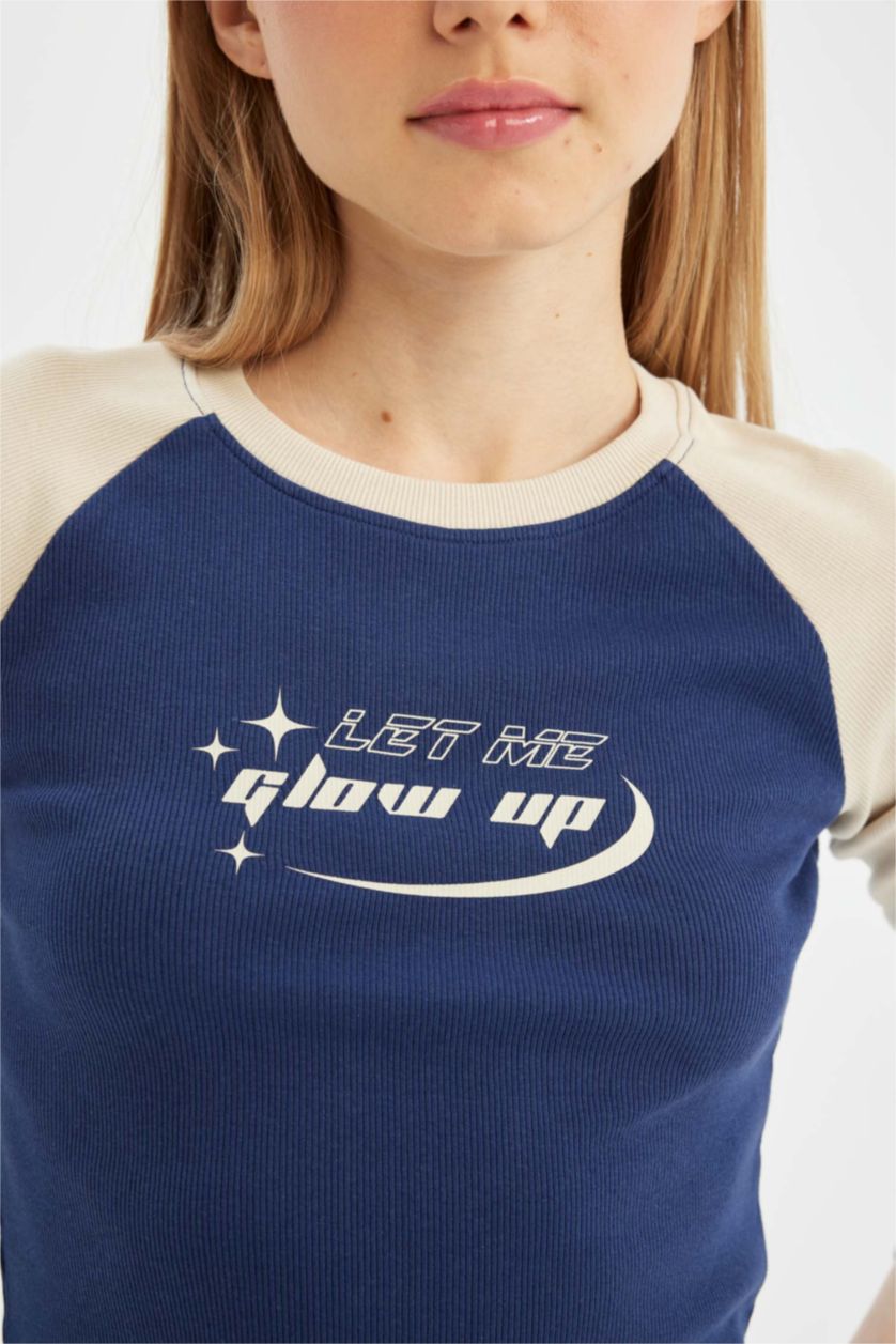 Kadın İndigo Fitted Bisiklet Yaka Fitilli Kaşkorse Baskılı Uzun Kollu Tişört