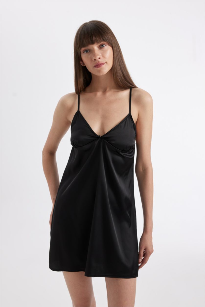 WOMAN Black Regular Fit Crew Neck Satin Strap Dress