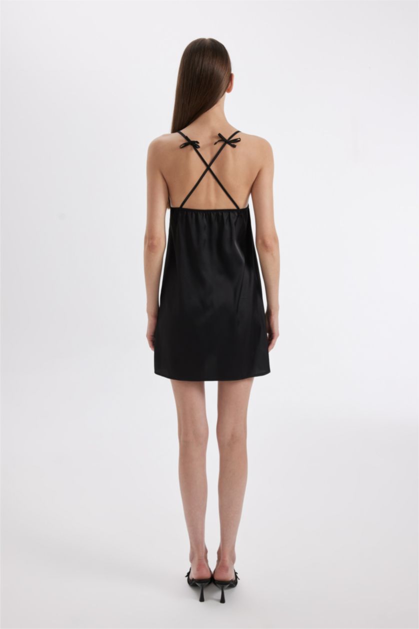 WOMAN Black Regular Fit Crew Neck Satin Strap Dress