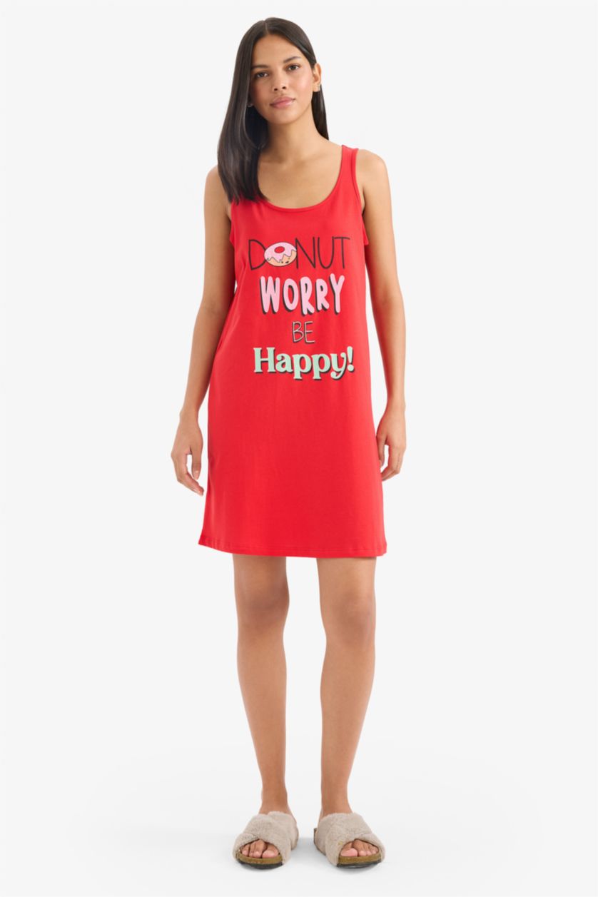 Woman Red Fall in Love Printed Round Neck Sleeveless Nightgown