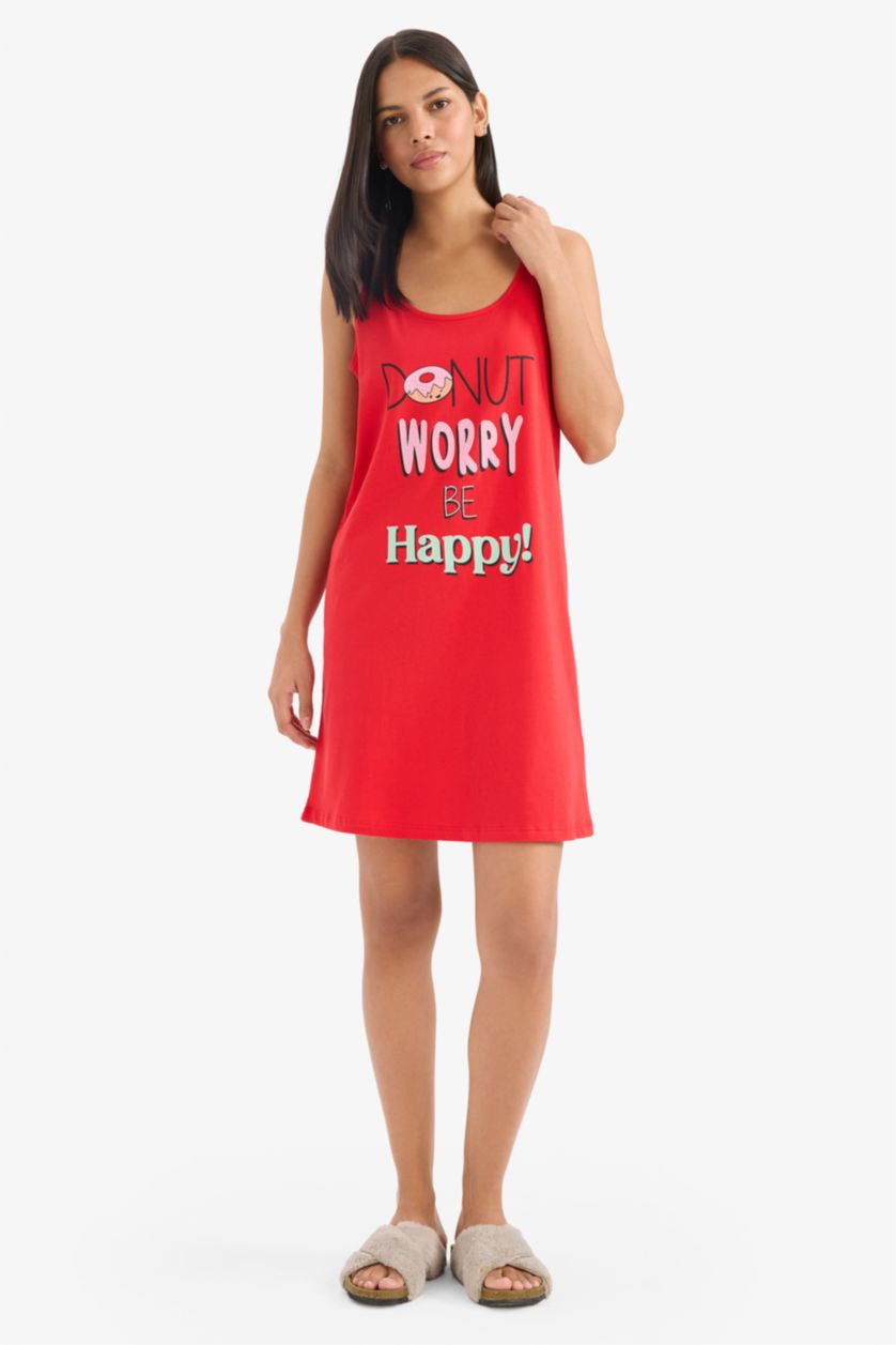 Woman Red Fall in Love Printed Round Neck Sleeveless Nightgown