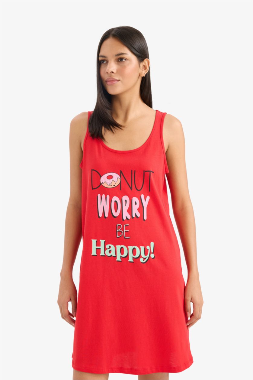 Woman Red Fall in Love Printed Round Neck Sleeveless Nightgown