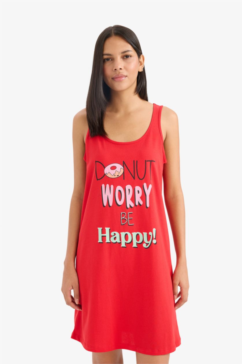 Woman Red Fall in Love Printed Round Neck Sleeveless Nightgown