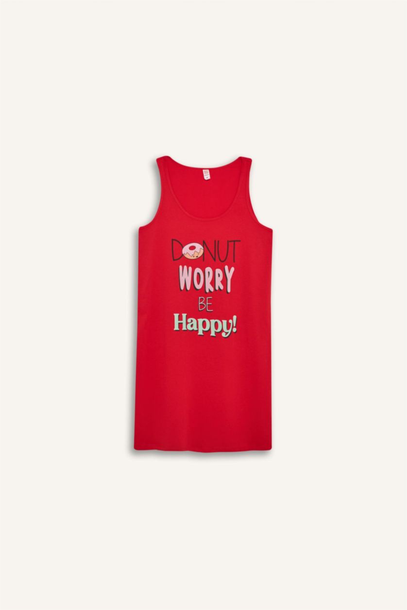 Woman Red Fall in Love Printed Round Neck Sleeveless Nightgown