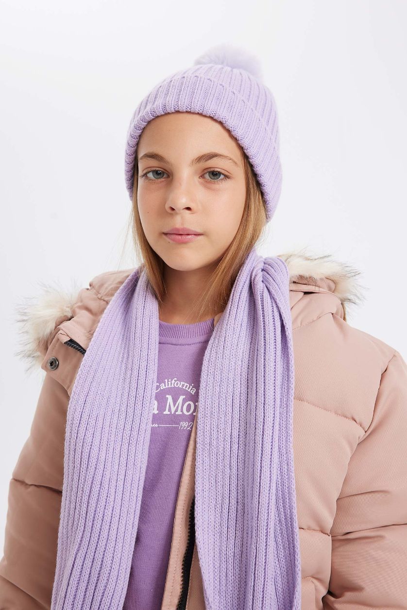 Kız Çocuk - Genç Kız Lila Kız Çocuk 2'li Takım Ponponlu Bere Atkı