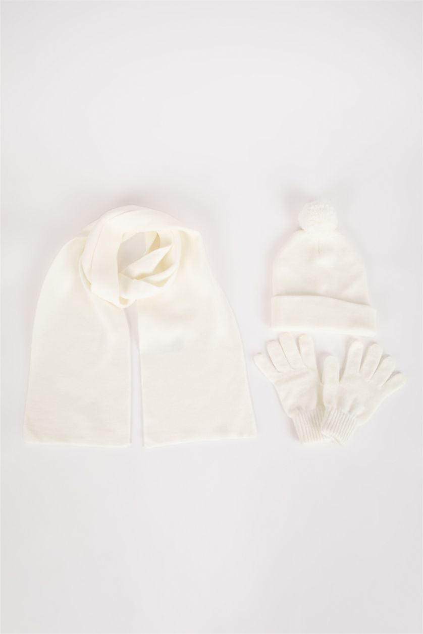 FILLES Écru Ensemble écharpe, bonnet et gants en tricot pour Fille